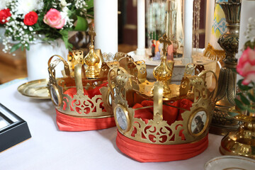 Wedding crowns on the altar in the church.