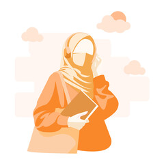 Cute female hijab girl student study in morning vector flat illustration I