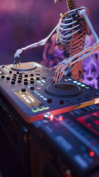 Haunted Halloween party: skeleton DJ at the mixing console surrounded by dancing spooky skeletons. 3D animated background for greeting cards, invitations, posters, holiday events, parties