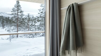 A cozy beige wool coat paired with a vibrant emerald green scarf adorns the wall, while a serene winter landscape of falling snow can be seen through large windows.