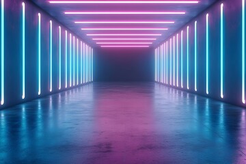 Futuristic neon infused corridor with vibrant lighting geometric shapes and a blank call to action...