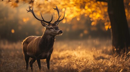 A majestic red deer with impressive antlers stands in the golden light of an autumn forest, with its head raised and its full body visible. The background is blurred to emphasize the deer