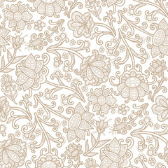 Obraz premium Swirl ornamental flowers, hand drawn doodle, beige flowers, white background. Seamless floral pattern-428.