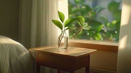 The bedside table features a modern wooden design, adorned with a potted plant, while soft lighting enhances the serene atmosphere of the bedroom filled with greenery