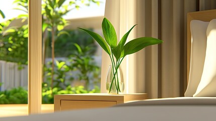 Obraz premium The bedside table features a modern wooden design, adorned with a potted plant, while soft lighting enhances the serene atmosphere of the bedroom filled with greenery