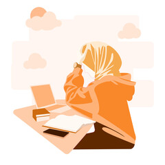 Cute muslim hijab girl study and working on the table in the morning vectori flat illustration VI