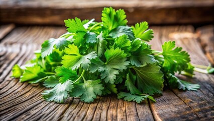 Freshly gathered coriander leaves rest on a weathered wooden surface, illuminated by soft natural light, highlighting their vibrant green color and fresh, aromatic appeal.