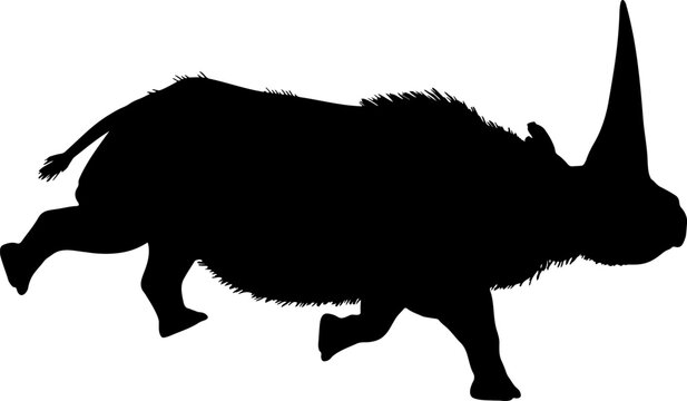 recommend clip art: Abstract elasmotherium rhinoceros, black silhouette of extinct mammal animal. Elasmotherium rhino dinosaurs Jurassic period animal.