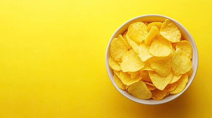 Potato chips in a round bowl on a yellow background. Space for text on the left. Top view. The most popular snack. Junk food. Banner with free space for text with generative ai