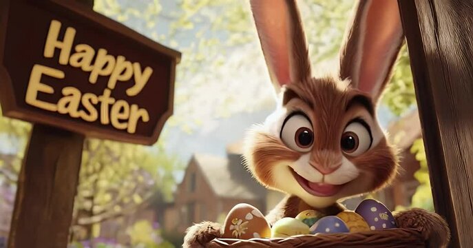 A cartoon rabbit holds a basket of Easter eggs. The basket is full of eggs and the bunny is smiling and moving his head and mouth.