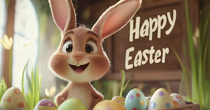 A cartoon rabbit is sitting in a basket of Easter eggs. The basket is full of eggs and the bunny is smiling.