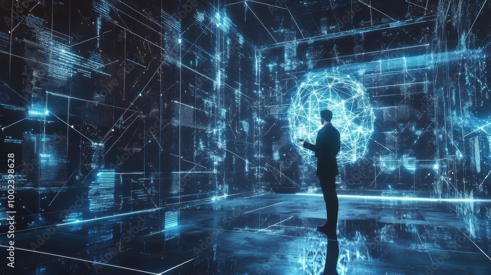 Poster a professional engages with holographic data and neural network patterns in a futuristic digital wor