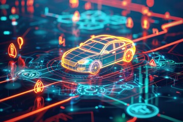 Futuristic car in a digital environment, highlighted with glowing lines and symbols against a dark, tech inspired background