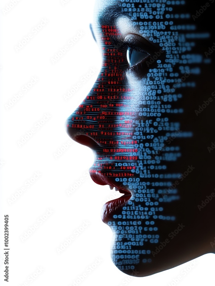 Poster a woman's face is made up of binary code, with red and blue lines