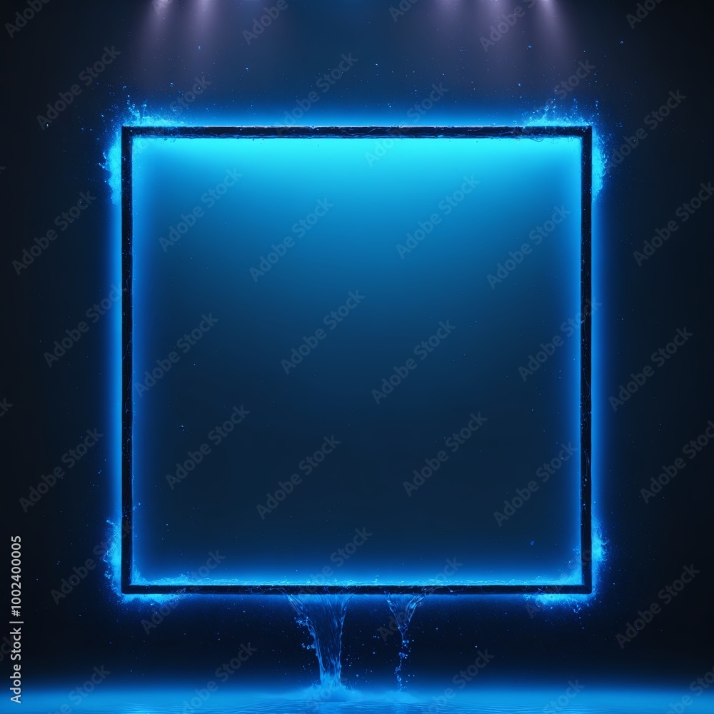 Poster glowing blue neon square frame submerged in water, with fluid waves splashing out, blending futurist