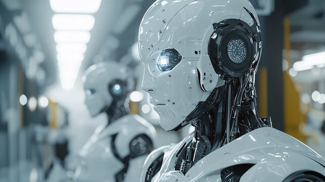 Intelligent robot with cybernetic capabilities, operating in a manufacturing plant. The scene underscores the power of robotics and automation in the future of industry