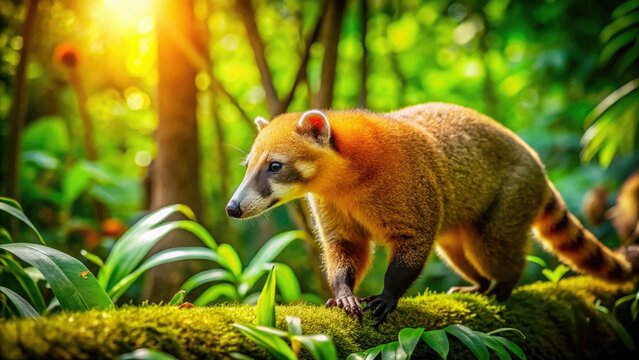In the lush green forest, a curious quati explores its natural habitat, delighting in the warm sunlight while uncovering the beauty of its surroundings.