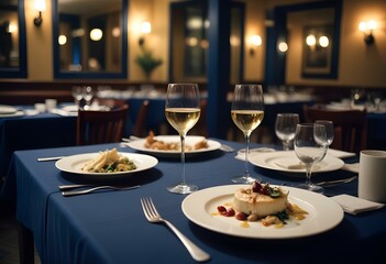 A table setting in a dimly lit restaurant, with a glass of white wine, a plate of food, and other dishes visible