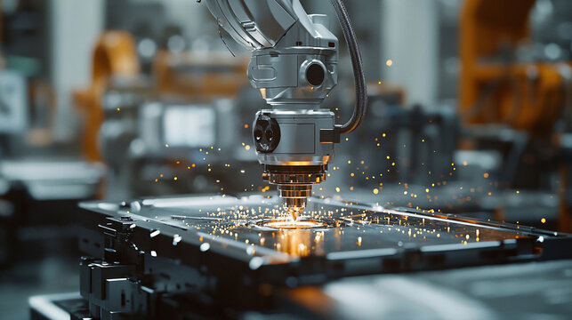 Robotic arm equipped with CNC tools, working in a high-tech manufacturing facility. The image reflects the future of industrial automation and precision engineering
