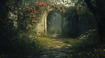 Stone Archway Leading to a Misty Path Through a Lush Garden