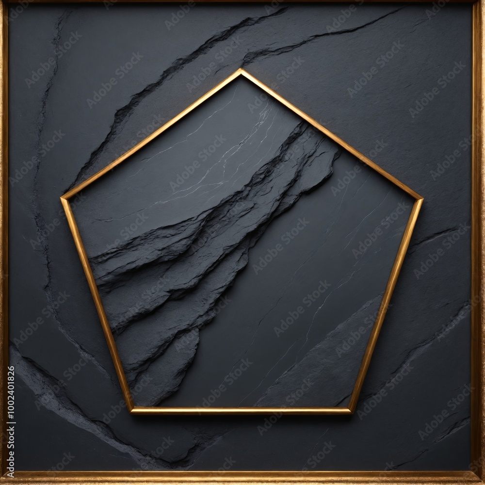 Poster pentagonal design framed in gold, set against a backdrop of large, angular black rocks. the interpla