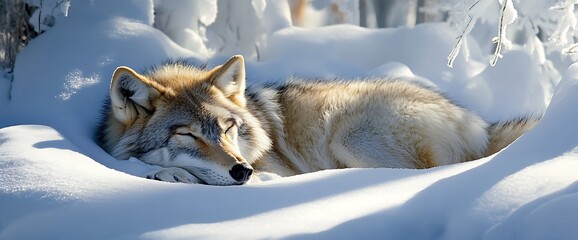 A wolf rests peacefully in a snowy forest, its fur blending seamlessly with the white landscape.