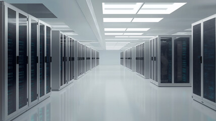 A long, white office corridor with stainless steel doors, glass walls, lighting on the ceiling. The interior of an industrial building or data center is minimalist in style. 