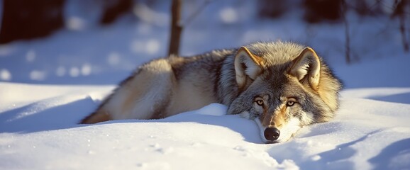 A lone wolf rests in a snowy forest, its piercing gaze fixed on the viewer.