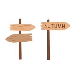 Wooden autumn signpost clipart. Pointer, arrow, fall woodland seasonal object. Vector illustration.