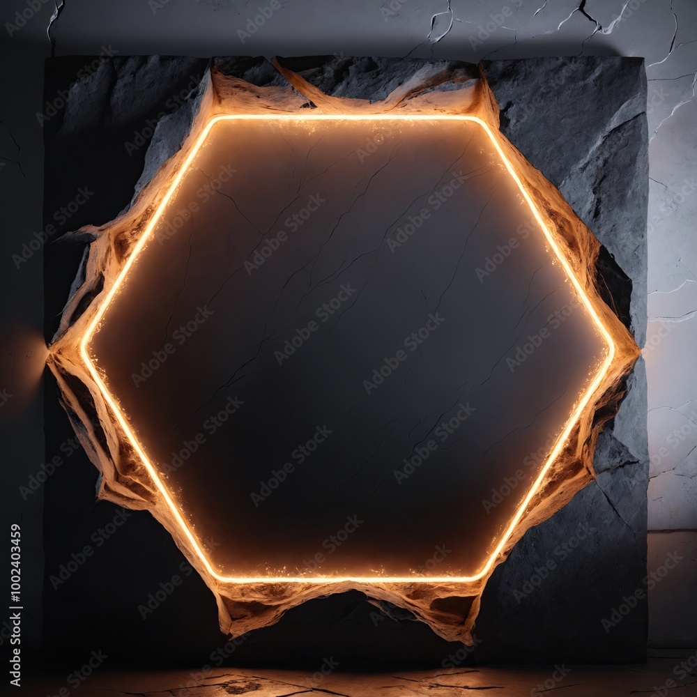 Poster glowing hexagonal design with a warm orange light, framed by rough, white rock-like textures. the co
