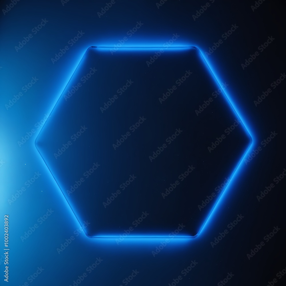 Poster glowing blue neon hexagon frame submerged in water, with fluid waves splashing out, blending futuris