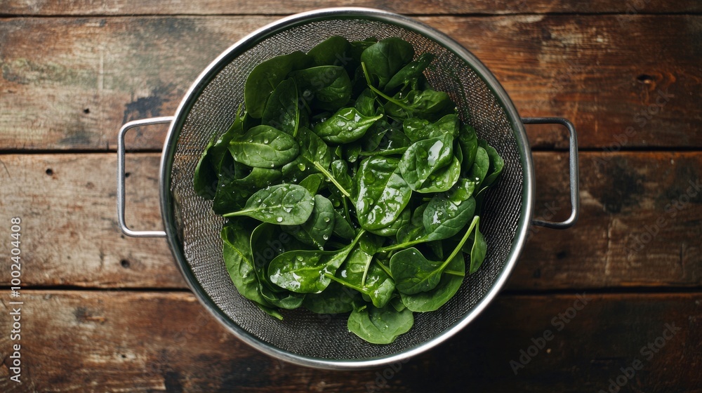Poster raw fresh spinach with water drops in colander - top view on rustic wooden table