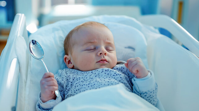 un b&eacute;b&eacute; avec une cuill&egrave;re en argent dans la main pour illustrer l'expression na&icirc;tre avec une cuill&egrave;re en argent