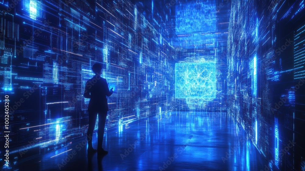 Poster a professional analyzes floating holographic data and neural networks in a futuristic digital enviro