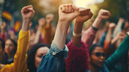 Obraz premium A powerful scene of people raising fists together in solidarity, expressing support for equality and justice. AI generative