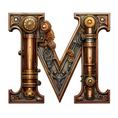 Isolated uppercase Letter M in Steampunk style mainly metal copper brown and wood with many gears and lots of details