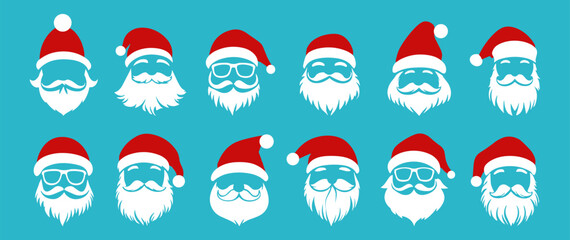 Santa head with hat and barb set. Santa wearing Claus red hat with glasses and moustache. Holiday party mask winter clothes. Simple flat style isolated vector clipart collection on blue background