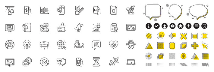 Set of Computer fingerprint, Phone repair and Search statistics line icons for web app. Design elements, Social media icons. Verified internet, Earphones, Start presentation icons. Vector