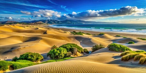 Pismo Beach's stunning sand dunes, bathed in clear blue skies, create a vibrant coastal landscape that enchants visitors and celebrates California's natural beauty.
