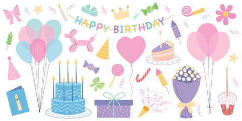 Birthday decorative elements flat vector set. Balloons, Happy Birthday garland, cake with candles, gift box.