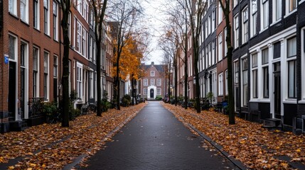 A charming street in Amsterdam showcases a white house surrounded by elegant black and brown buildings, with vibrant autumn leaves lining the cobblestone road beneath a grey sky