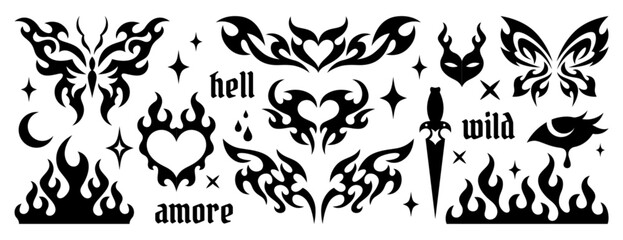 Y2k gothic tattoo sticker set. Neo tribal ornaments, trendy emo hand drawn butterfly, fire flame, burning heart, graffiti lettering. Neotribal black goth aesthetic icons, cyber sigilism design element