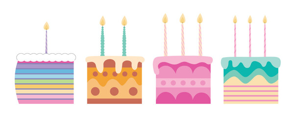 Set of various birthday slices of cakes with candles. Rainbow cake and chocolate slice of cake