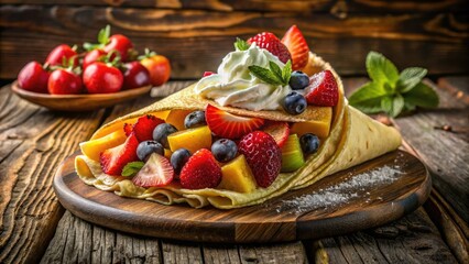 Savor a delectable crepe bursting with fresh fruit and creamy whipped topping, beautifully arranged on a rustic wooden table for an inviting, homestyle presentation.