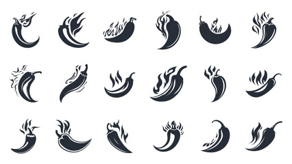 Silhouette hot chili pepper monochrome icons set with flames coming out. Burning fire spicy vegetable. Flaming chilly. Hot food spices. Black and white simple logo flat style. Isolated vector on white