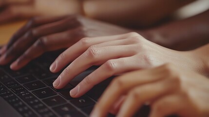 Diverse hands typing on laptop keyboard