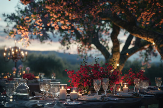 beautifully set table romantic dinner under a large tree at dusk. table adorned with a centerpiece of red flowers, candles, and elegant glassware. The setting evokes a sense of intimacy and elegance
