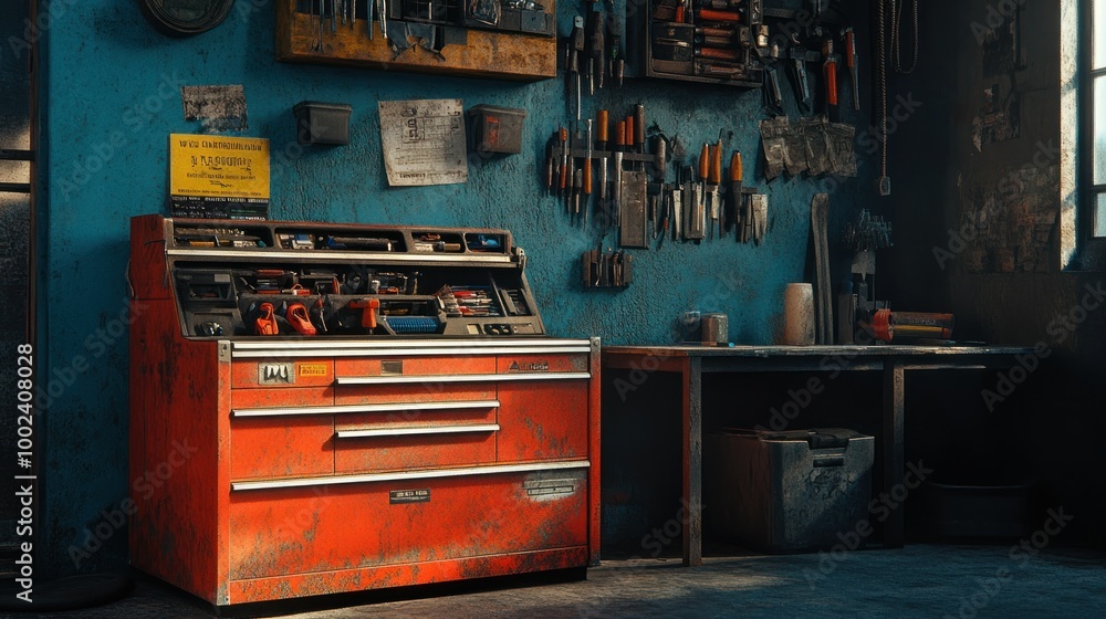 Poster Rusty Red Toolbox in a Worn Garage Workshop