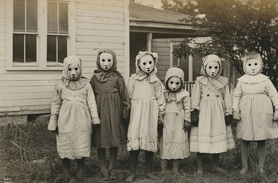 Old lost vintage photo of children in costumes standing outside a house, all wearing white masks with black eyes strange and mysterious historic photographs. Sepia tones horror Halloween scene