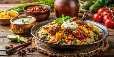 Savor the aromatic biryani, beautifully presented with raita, fresh vegetables, and a blend of spices on a traditional plate, delighting your senses in every bite.